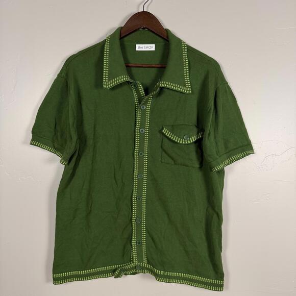 The Shop Men’s Large Green Button Front Short Sleeve Cardigan Knit Sweater Retro - Picture 1 of 8
